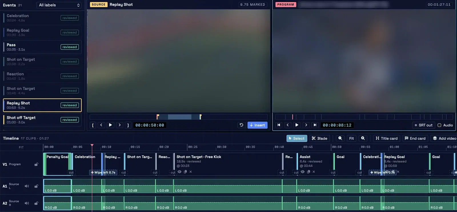 RISE Highlights editor with reviewed events, source and program monitors and a multi-clip timeline